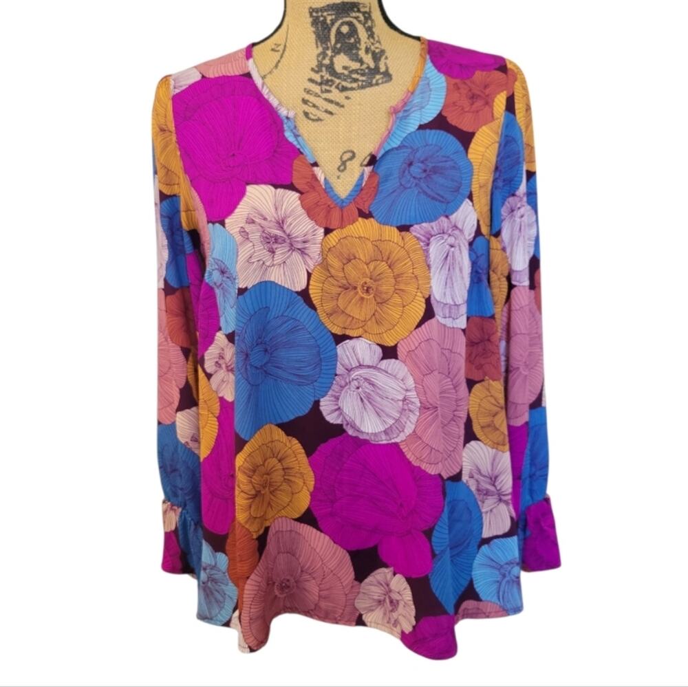 Small Renee C 70s Style Floral Print Long Sleeve V-neck Blouse, Purple Pink Blue